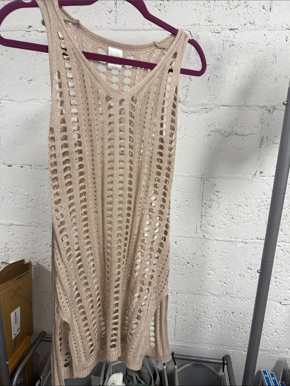 Beige Open-Knit Sleeveless Cover-Up Dress - CHA CHA Size Small LIKE NEW